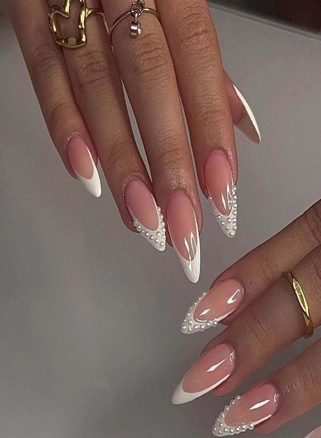 Foccna Press on Nails French Medium, Pearl White Fake Nails Almond Acrylic False Nails,Artificial Glue on Nails for Women 24pcs - Image 1